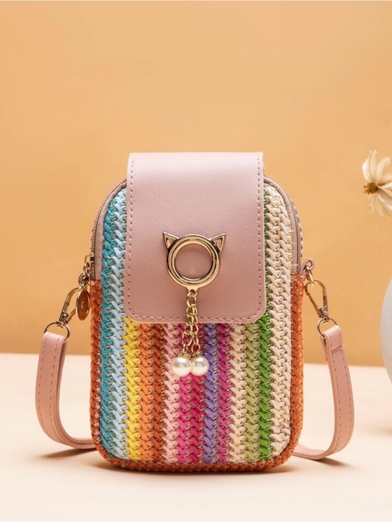 osmanthus Handbags - Women’s Pink Multicolor Straw Crossbody Bag with Cat Charm